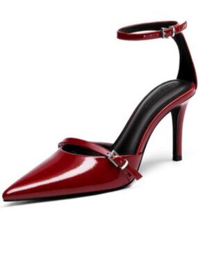 Coutgo Women's Red Closed Pointed Toe Ankle Buckle Strap Pumps High Heels